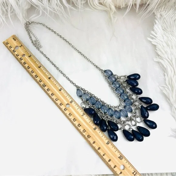 Gorgeous Silvertone, two blue reflective, bling costume statement bib necklace